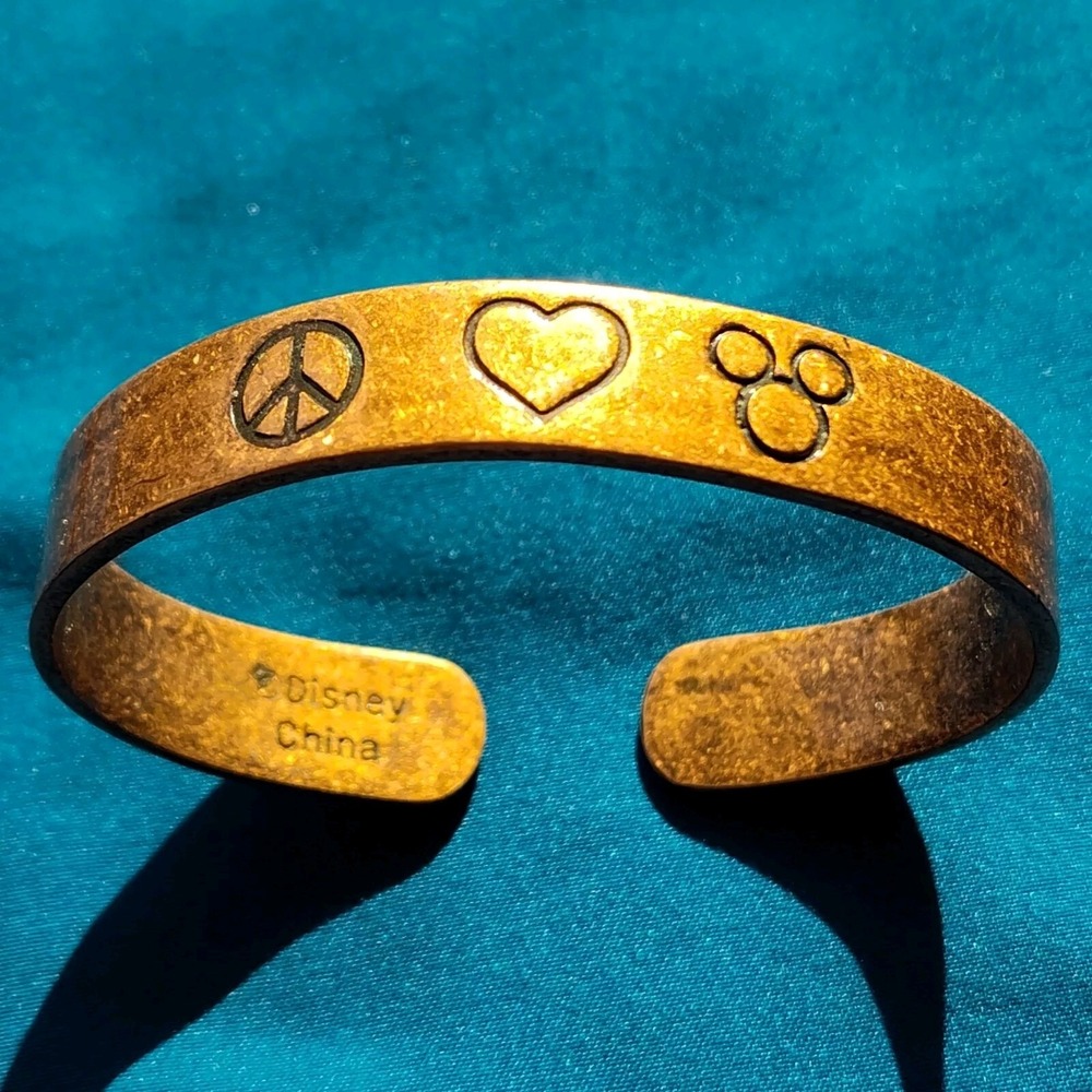 Vintage Disney Brass or Copper Cuff Bracelet ~ Peace Sign, Heart & Mickey